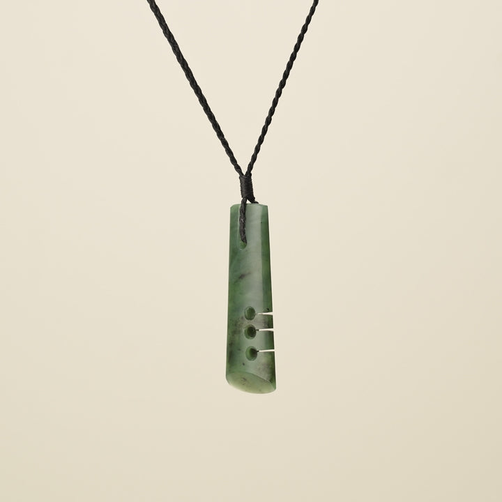 Notched Toki Kawakawa Pounamu Medium Pendant, Black Binding