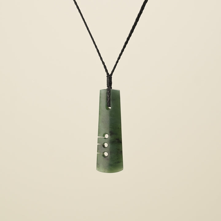 Notched Toki Kawakawa Pounamu Medium Pendant, Black Binding