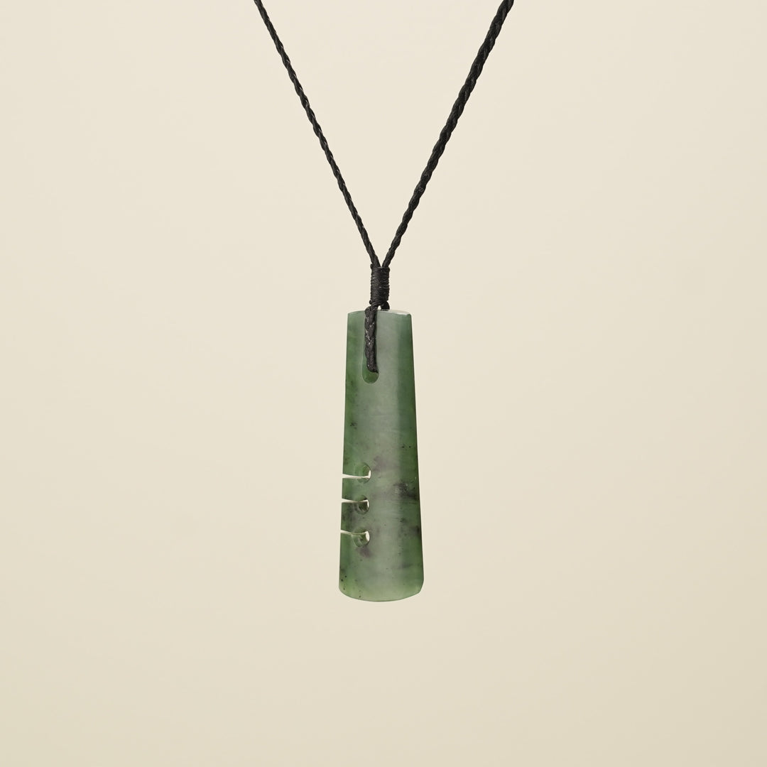Notched Toki Kawakawa Pounamu Medium Pendant, Black Binding