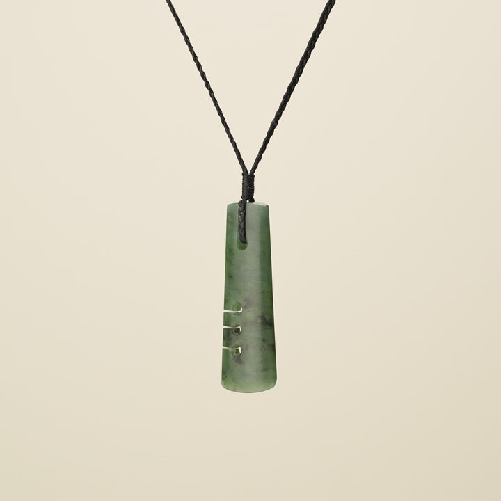 Notched Toki Kawakawa Pounamu Medium Pendant, Black Binding