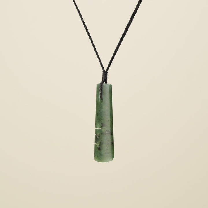 Notched Toki Kawakawa Pounamu Medium Pendant, Black Binding