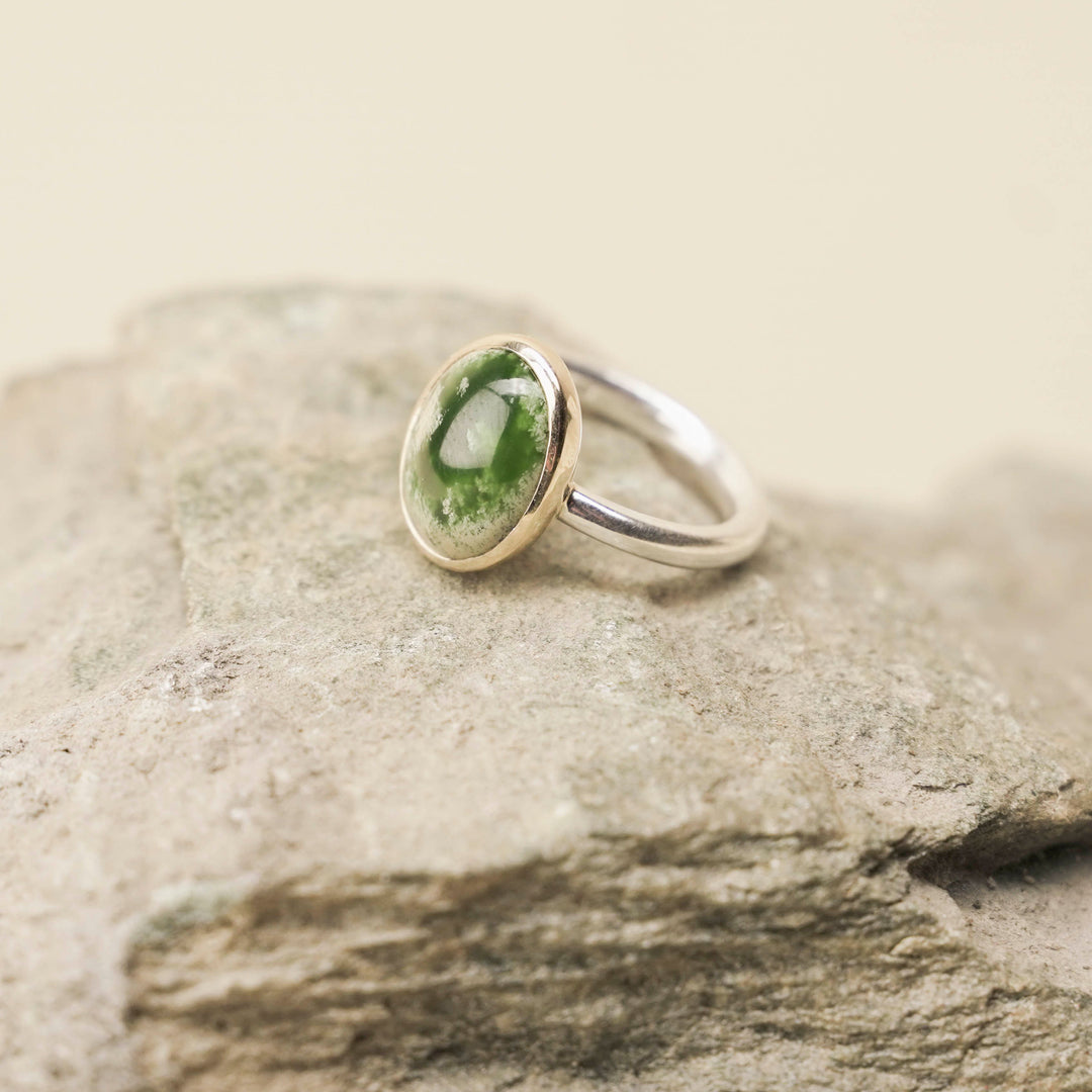 9K Gold Flower Pounamu Ring with Sterling Silver Band