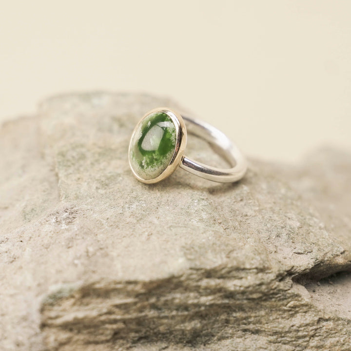 9K Gold Flower Pounamu Ring with Sterling Silver Band