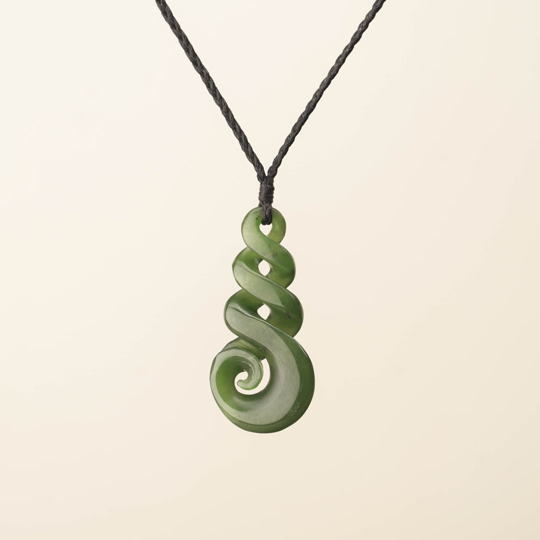 Triple Pikorua Koru Pounamu Pendant, Black Binding