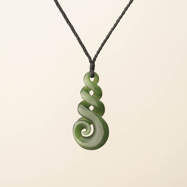 Triple Pikorua Koru Pounamu Pendant, Black Binding