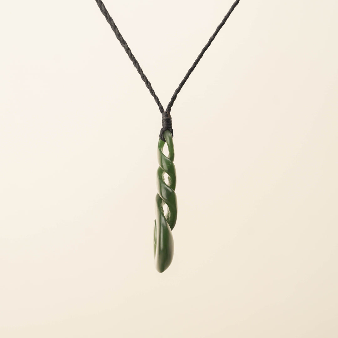 Triple Pikorua Koru Pounamu Pendant, Black Binding