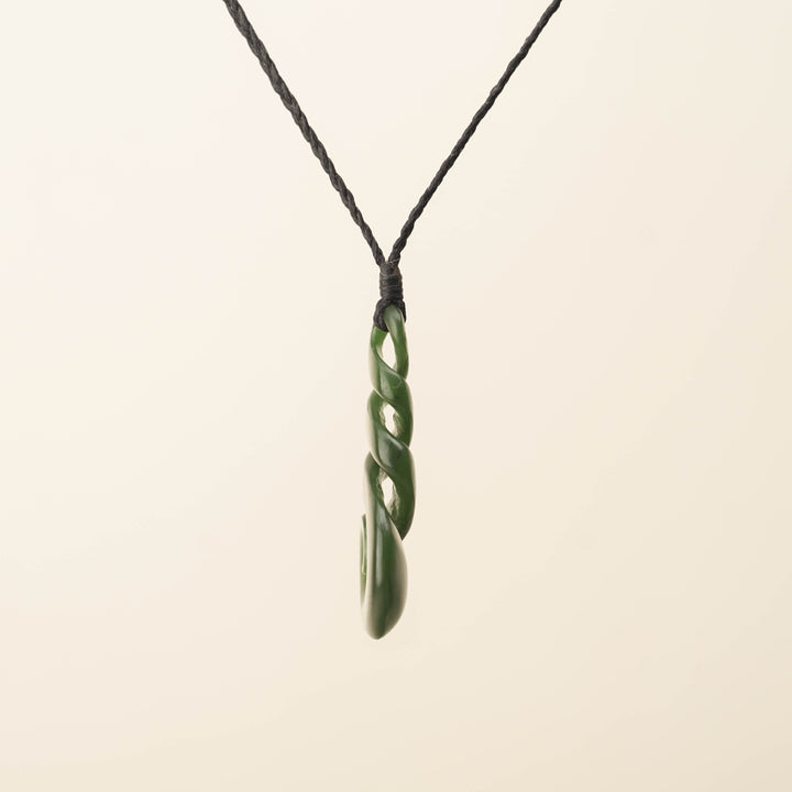 Triple Pikorua Koru Pounamu Pendant, Black Binding