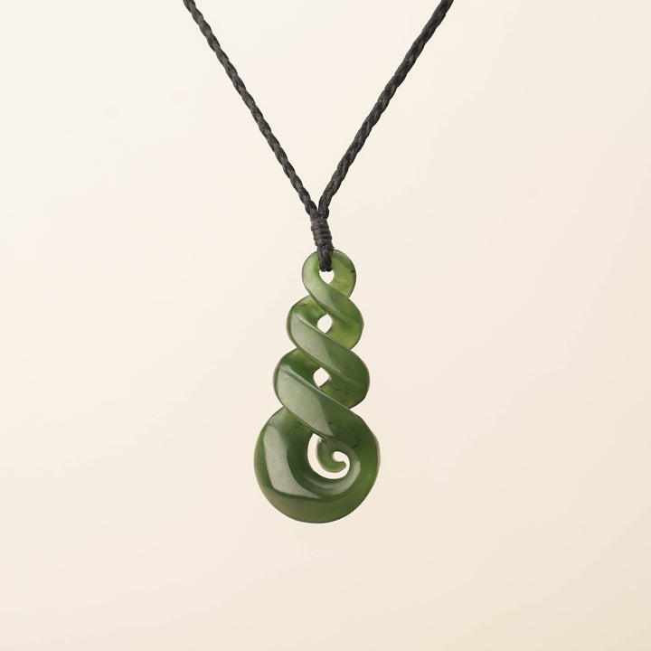 Triple Pikorua Koru Pounamu Pendant, Black Binding