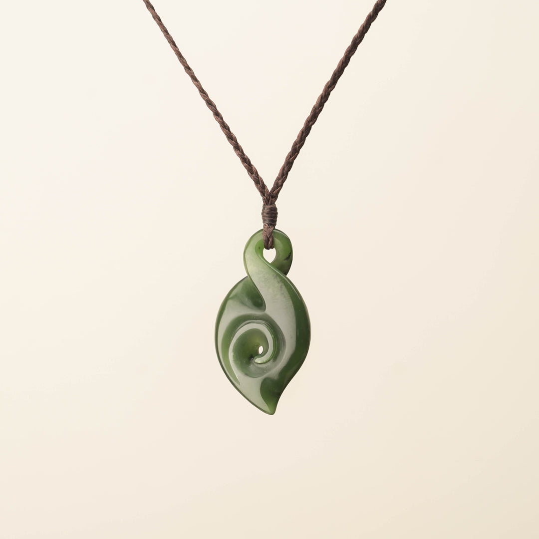 Kahurangi Pikorua Koru Pounamu Pendant, Brown Binding