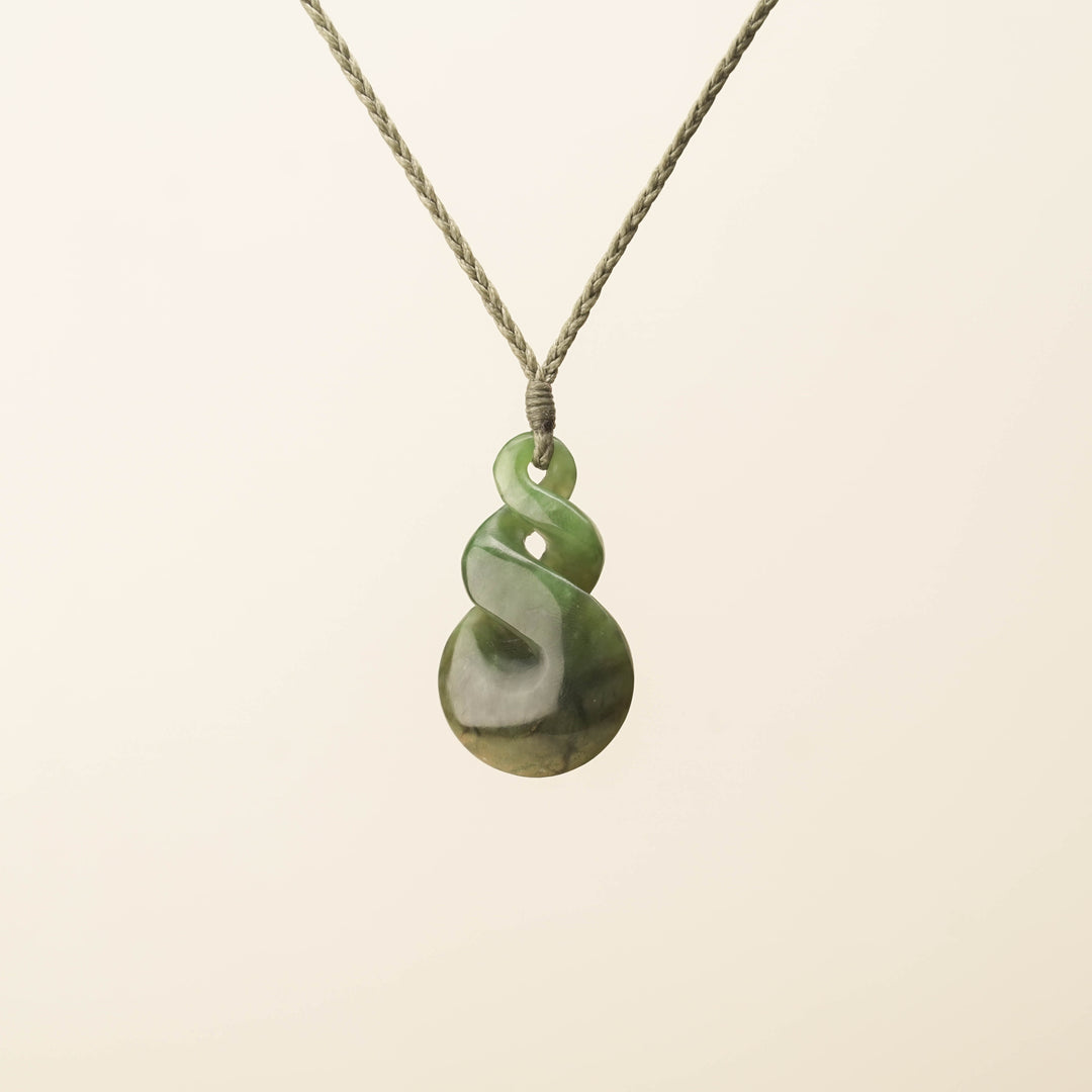 Flower Pikorua Pounamu Pendant, Khaki Binding