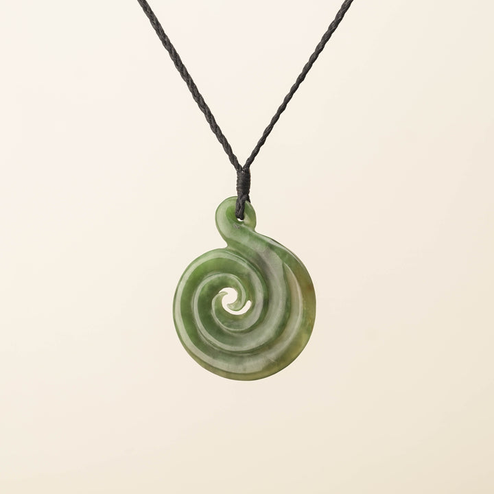 Hei Matau Koru Medium Large Pounamu Pendant, Black Binding