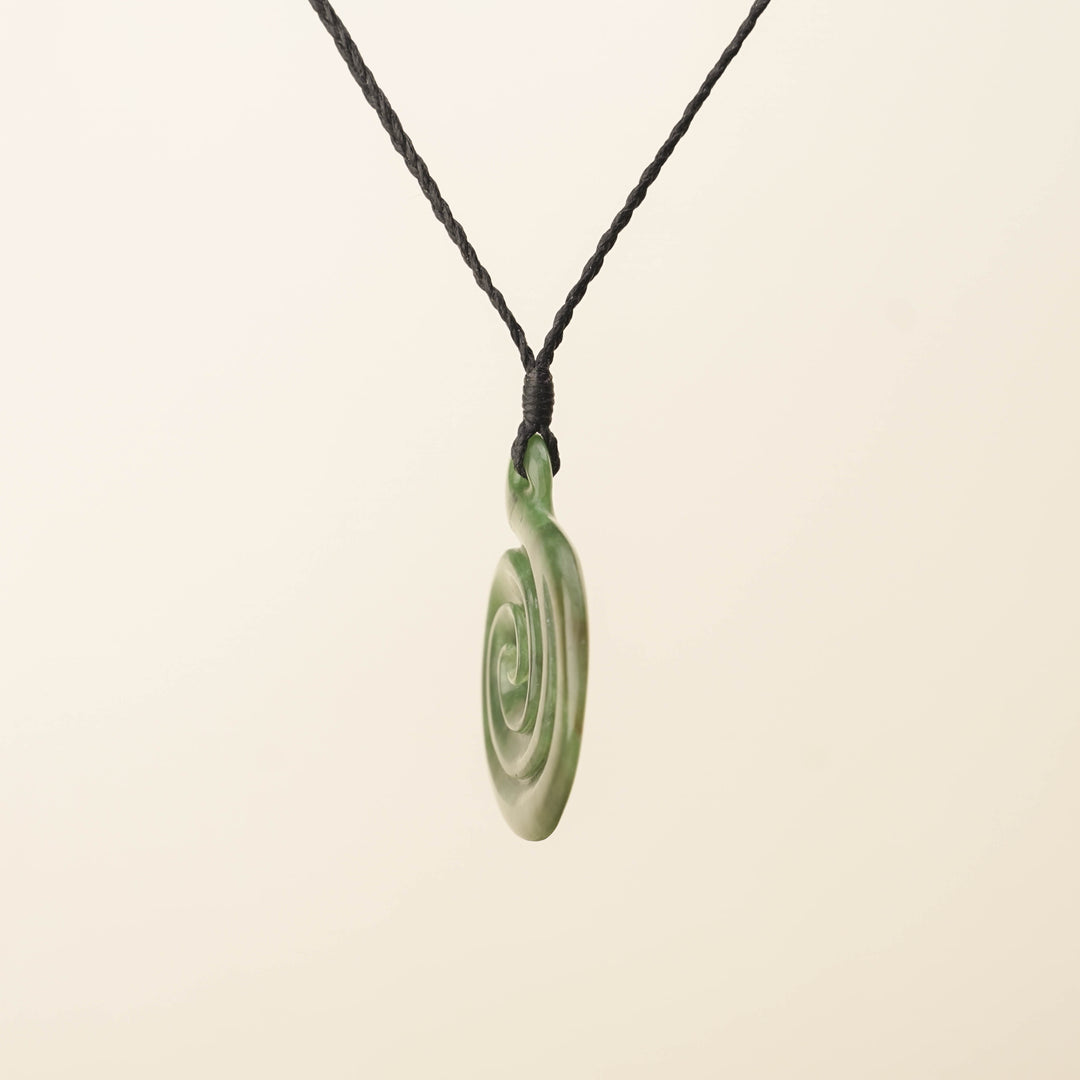 Hei Matau Koru Medium Large Pounamu Pendant, Black Binding