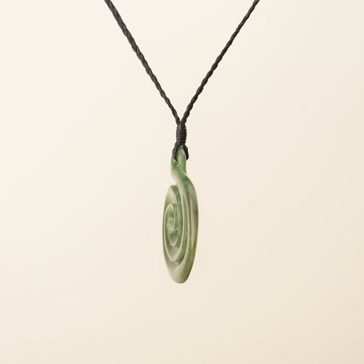 Hei Matau Koru Medium Large Pounamu Pendant, Black Binding