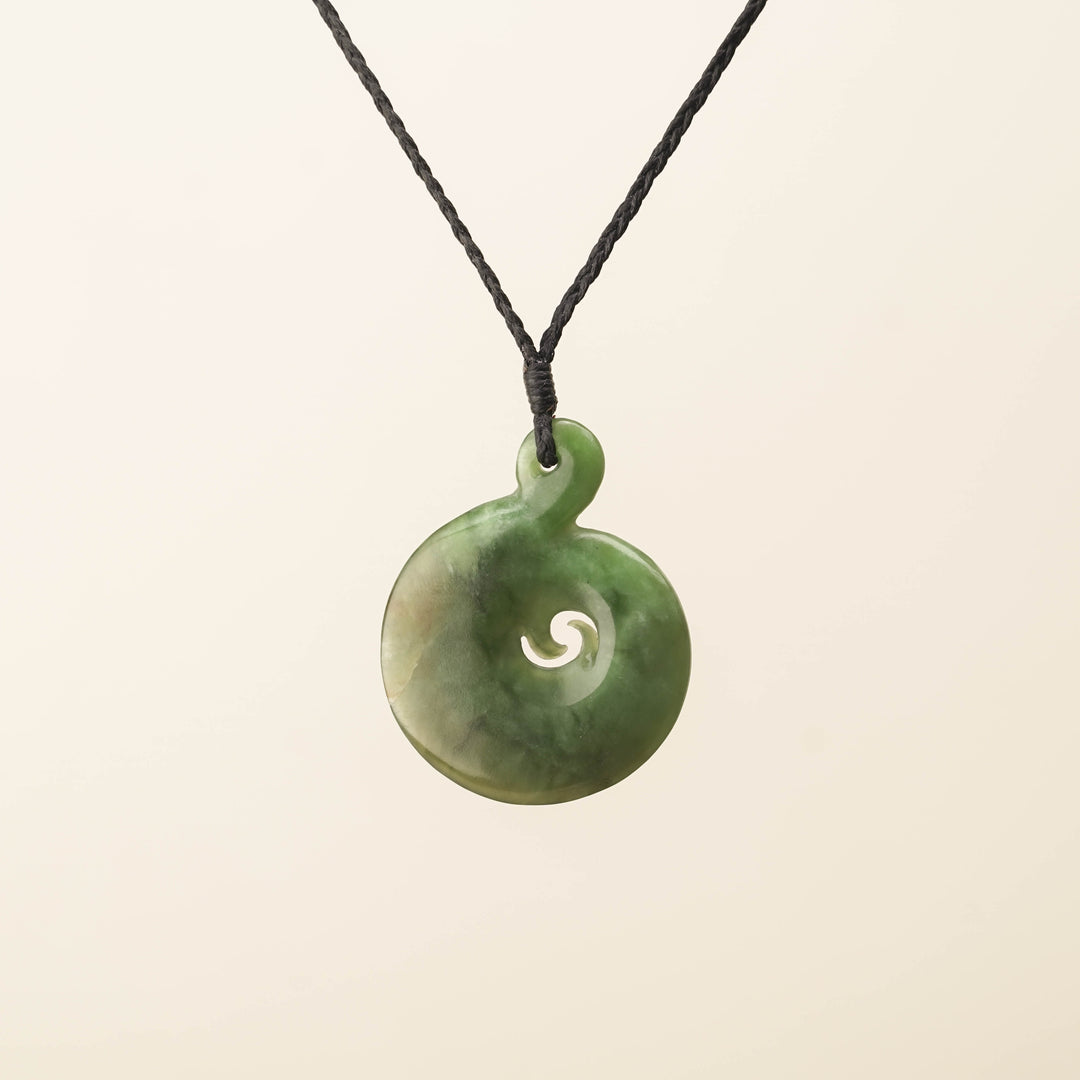 Hei Matau Koru Medium Large Pounamu Pendant, Black Binding