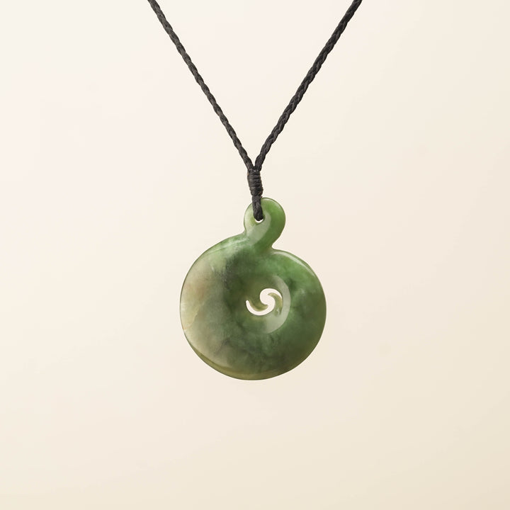 Hei Matau Koru Medium Large Pounamu Pendant, Black Binding