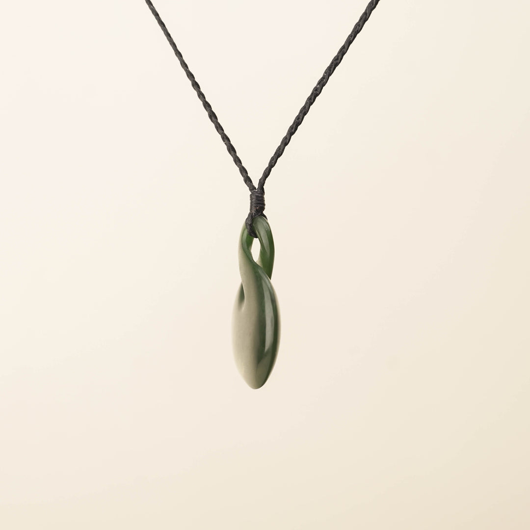 Flower Pikorua Medium Pounamu Pendant, Black Binding