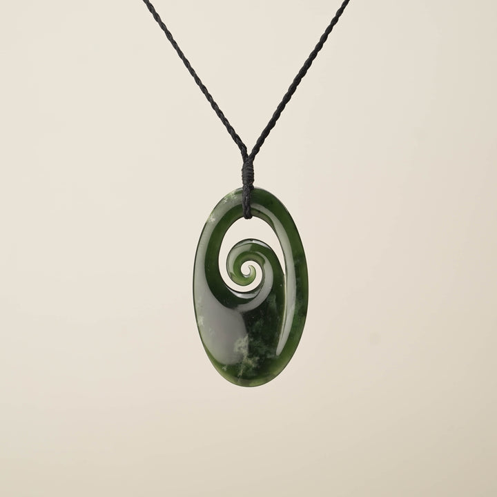 Pounamu Flower Oval Long Koru Large Pendant