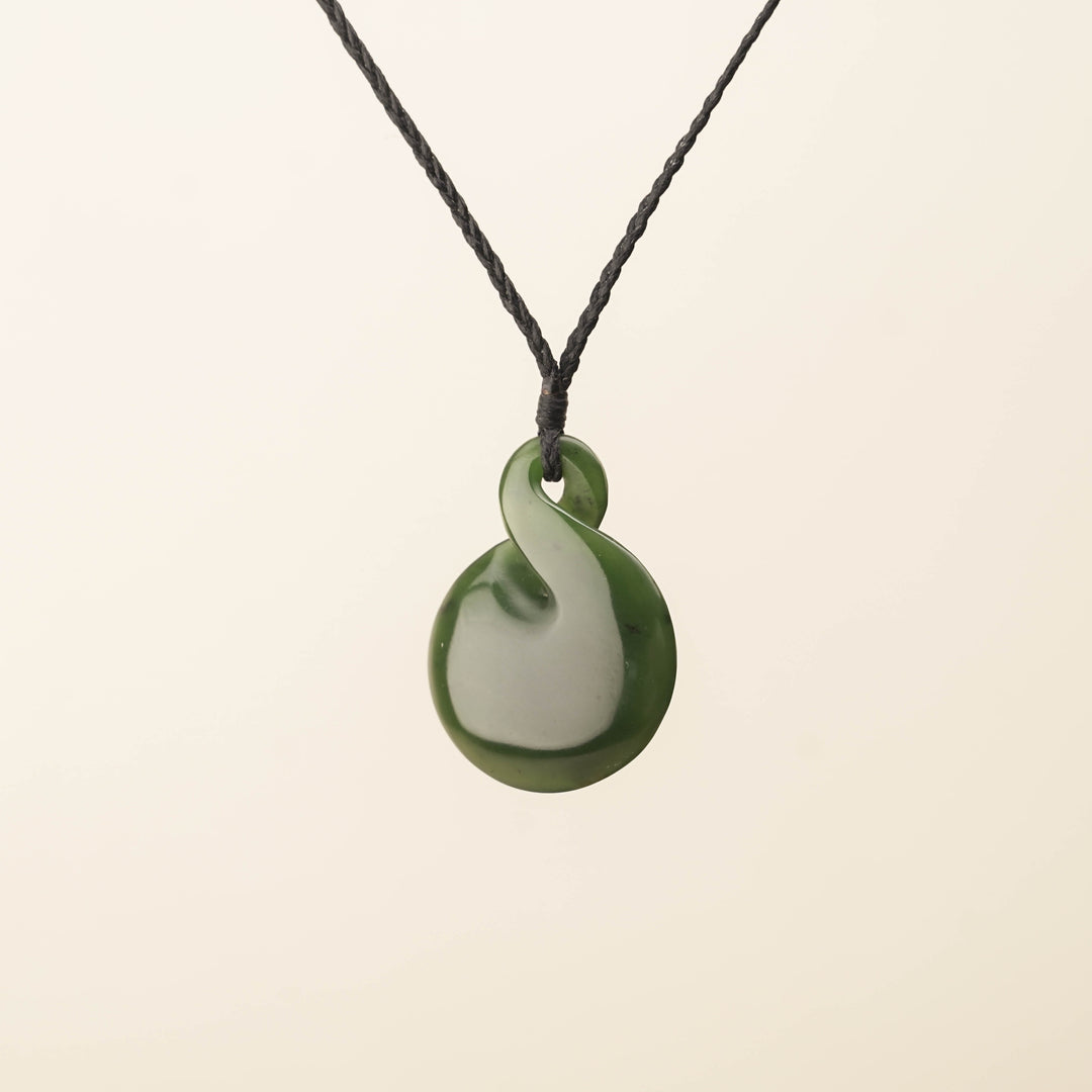 Flower Pikorua Medium Pounamu Pendant, Black Binding