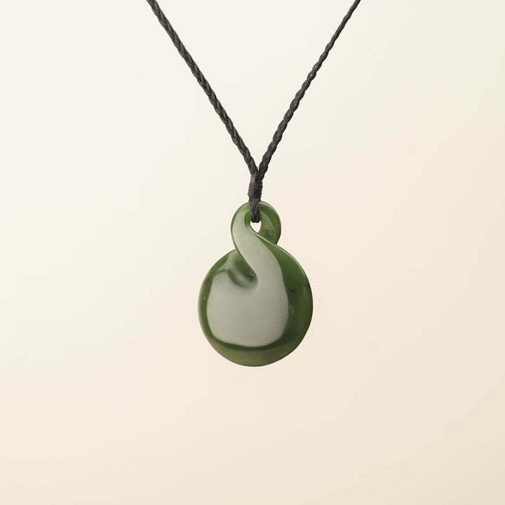 Flower Pikorua Medium Pounamu Pendant, Black Binding