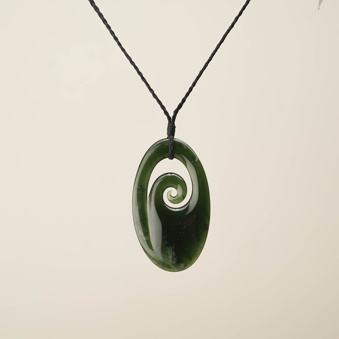Pounamu Flower Oval Long Koru Large Pendant