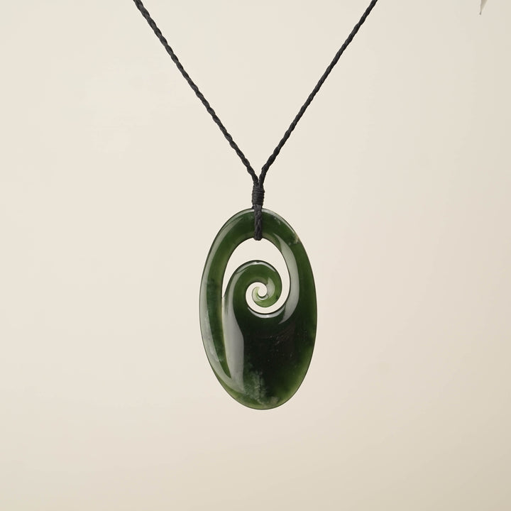 Pounamu Flower Oval Long Koru Large Pendant
