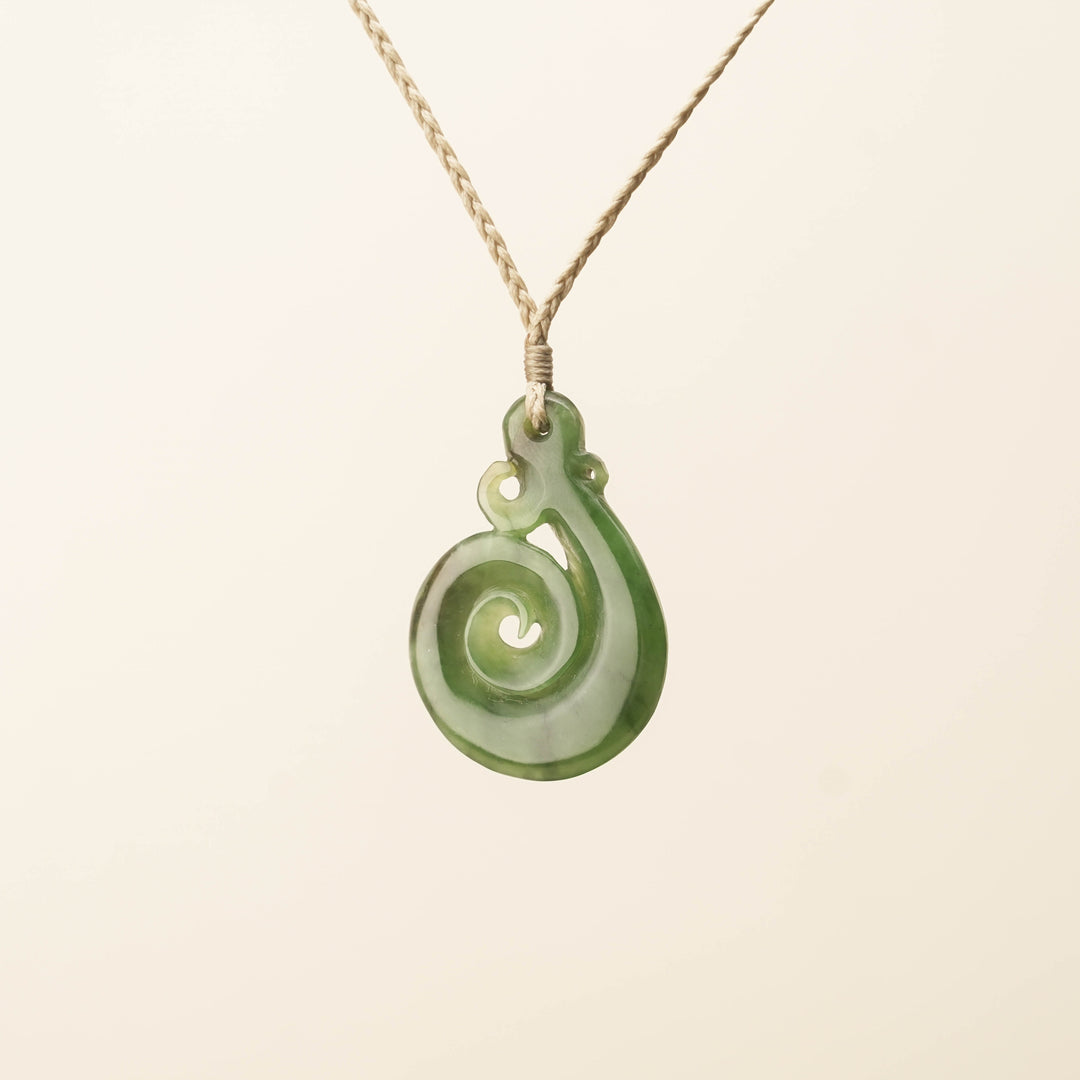 Hei Matau Koru Medium Large Pounamu Pendant, Tan Binding
