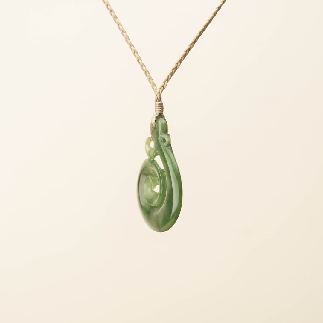 Hei Matau Koru Medium Large Pounamu Pendant, Tan Binding