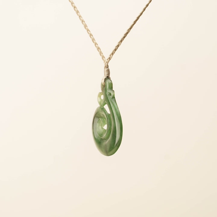 Hei Matau Koru Medium Large Pounamu Pendant, Tan Binding