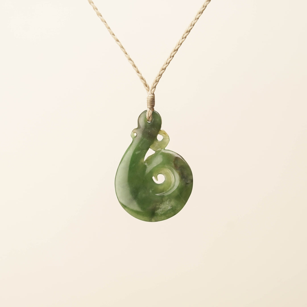 Hei Matau Koru Medium Large Pounamu Pendant, Tan Binding