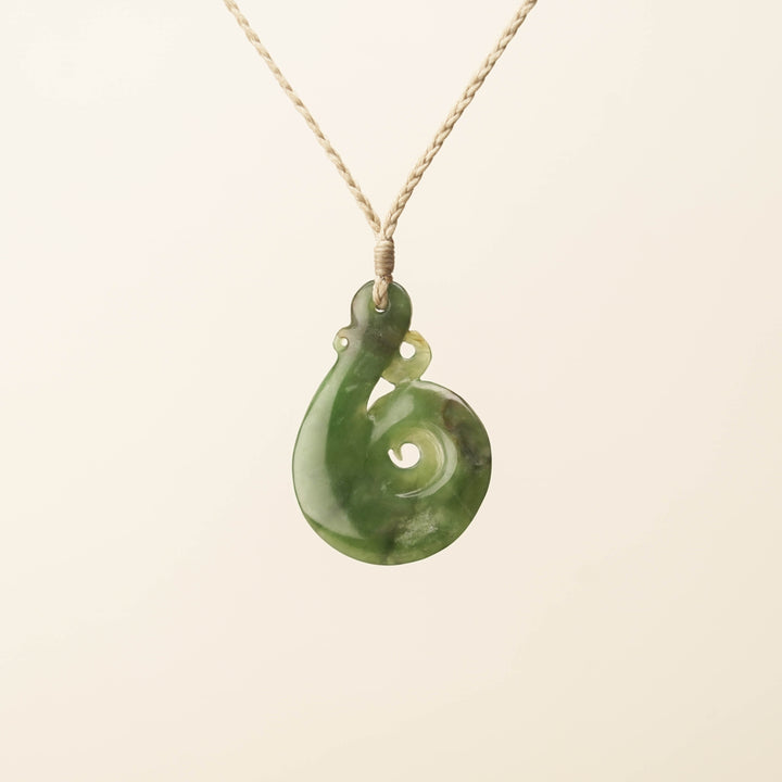 Hei Matau Koru Medium Large Pounamu Pendant, Tan Binding