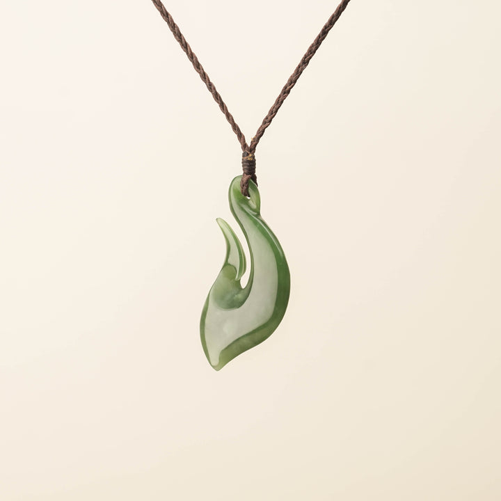 Hei Matau Medium Large Pounamu Pendant, Brown Binding