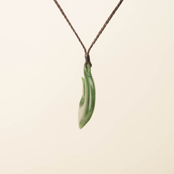 Hei Matau Medium Large Pounamu Pendant, Brown Binding