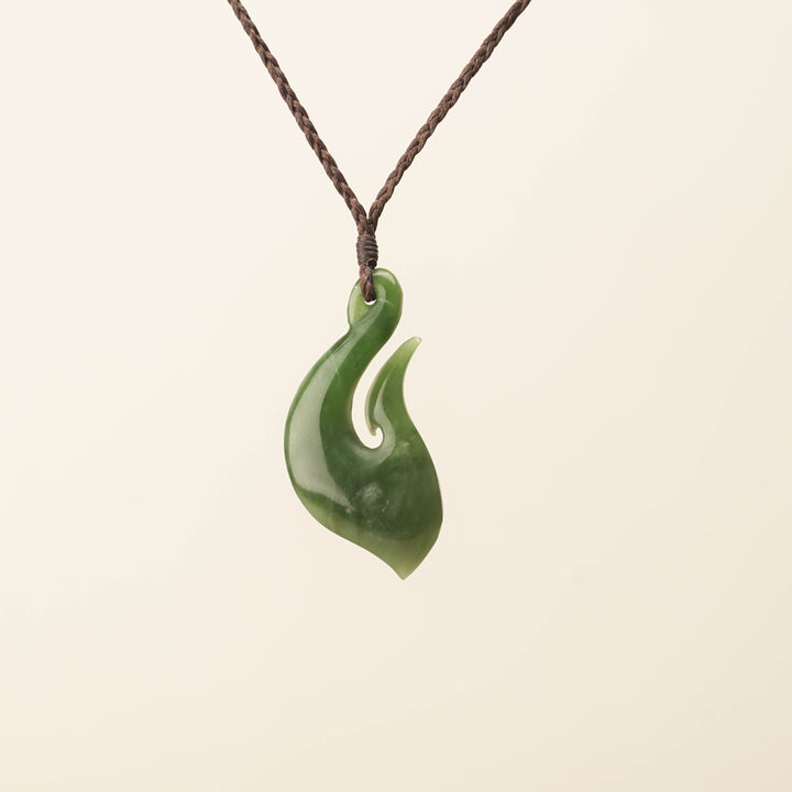 Hei Matau Medium Large Pounamu Pendant, Brown Binding
