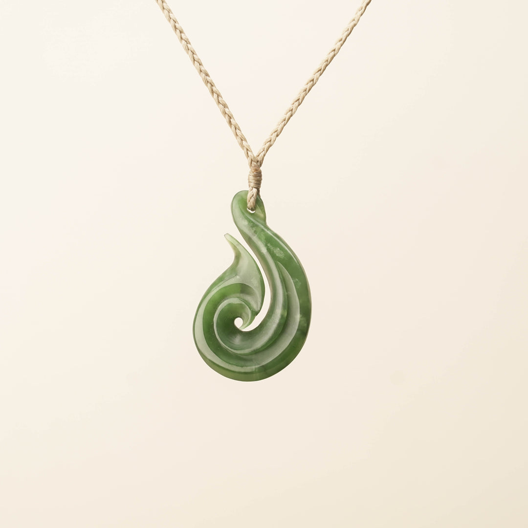 Hei Matau Koru Medium Large Pounamu Pendant, Tan Binding