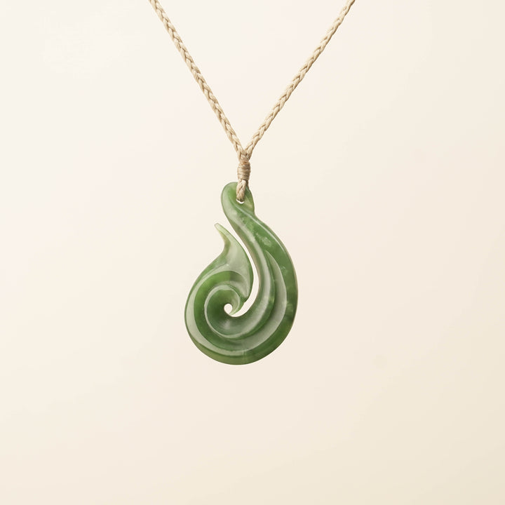 Hei Matau Koru Medium Large Pounamu Pendant, Tan Binding