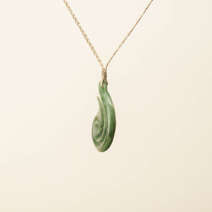 Hei Matau Koru Medium Large Pounamu Pendant, Tan Binding