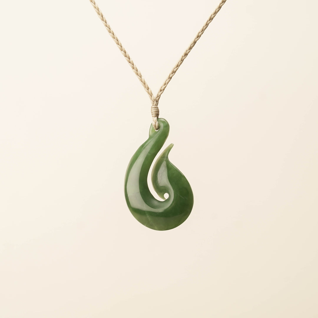 Hei Matau Koru Medium Large Pounamu Pendant, Tan Binding