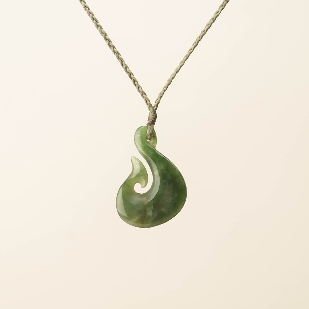 Hei Matau Medium Pounamu Pendant, Khaki Binding