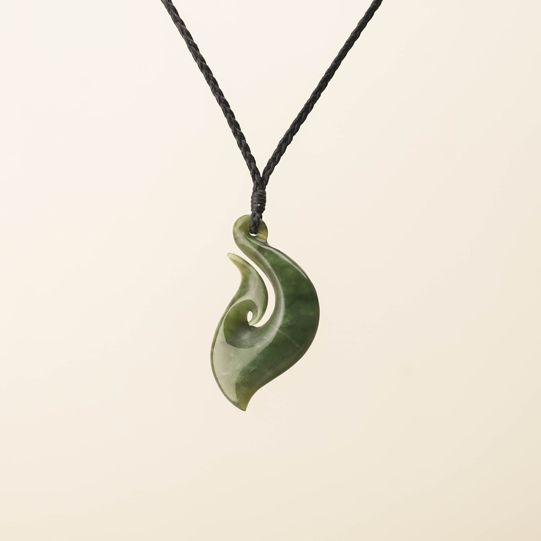 Hei Matau Medium Large Pounamu Pendant, Black Binding