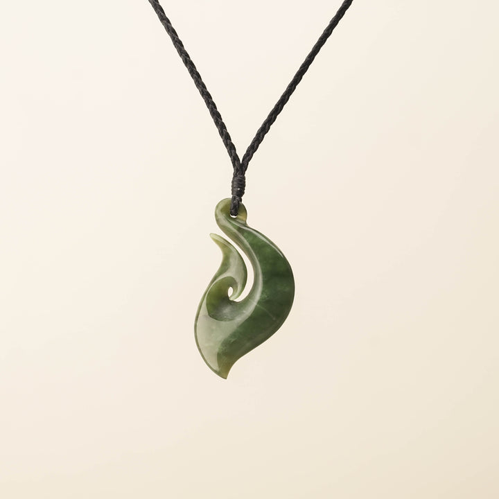 Hei Matau Medium Large Pounamu Pendant, Black Binding