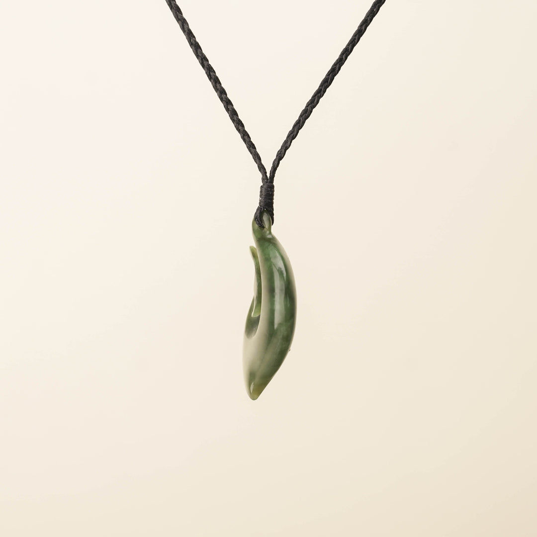 Hei Matau Medium Large Pounamu Pendant, Black Binding