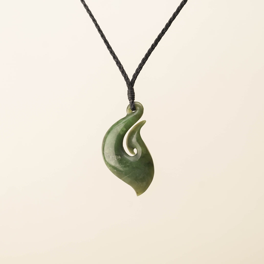 Hei Matau Medium Large Pounamu Pendant, Black Binding