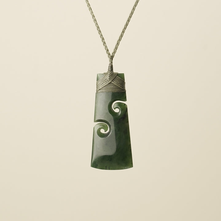 Large Pounamu Toki with Koru, Khaki Binding