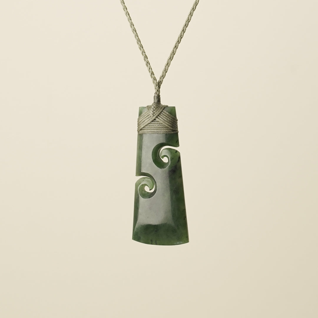 Large Pounamu Toki with Koru, Khaki Binding