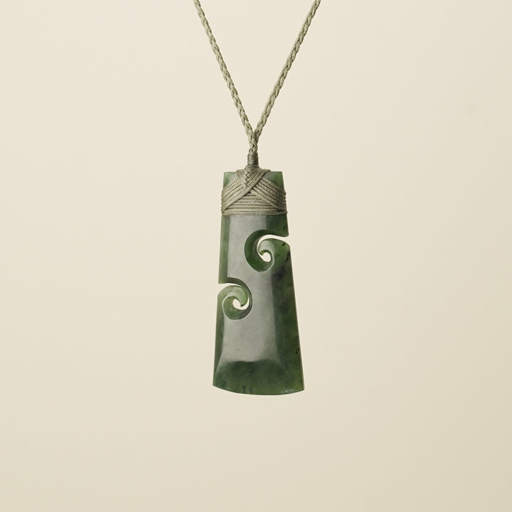 Large Pounamu Toki with Koru, Khaki Binding