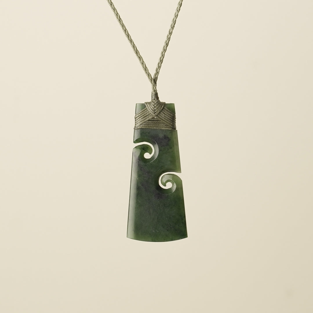 Large Pounamu Toki with Koru, Khaki Binding