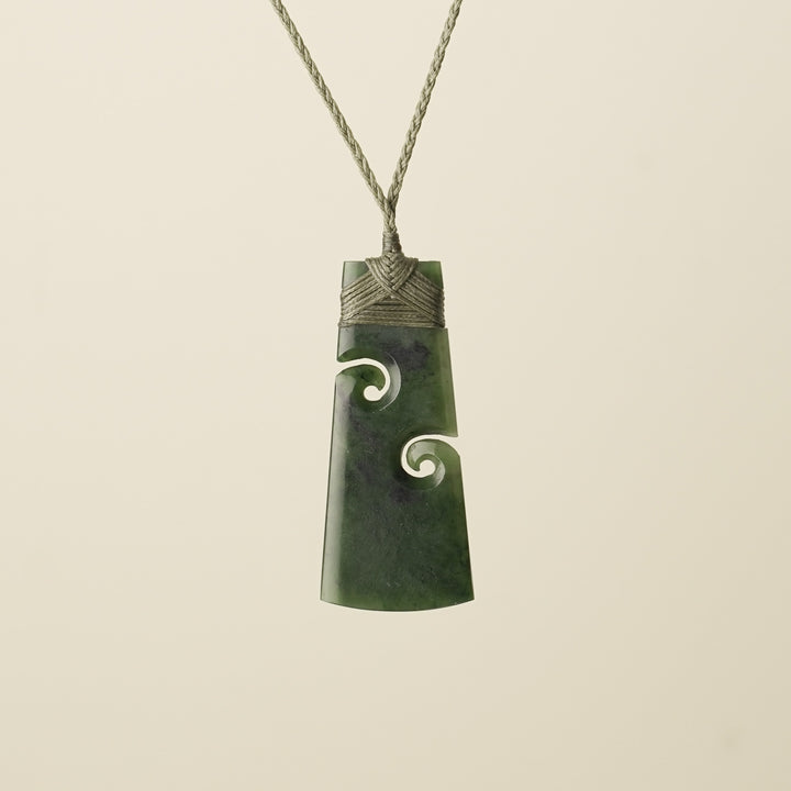 Large Pounamu Toki with Koru, Khaki Binding