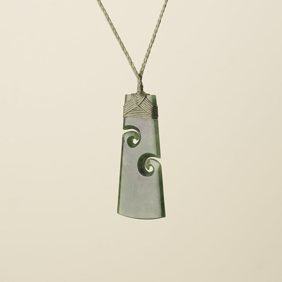 Large Pounamu Toki with Koru, Khaki Binding