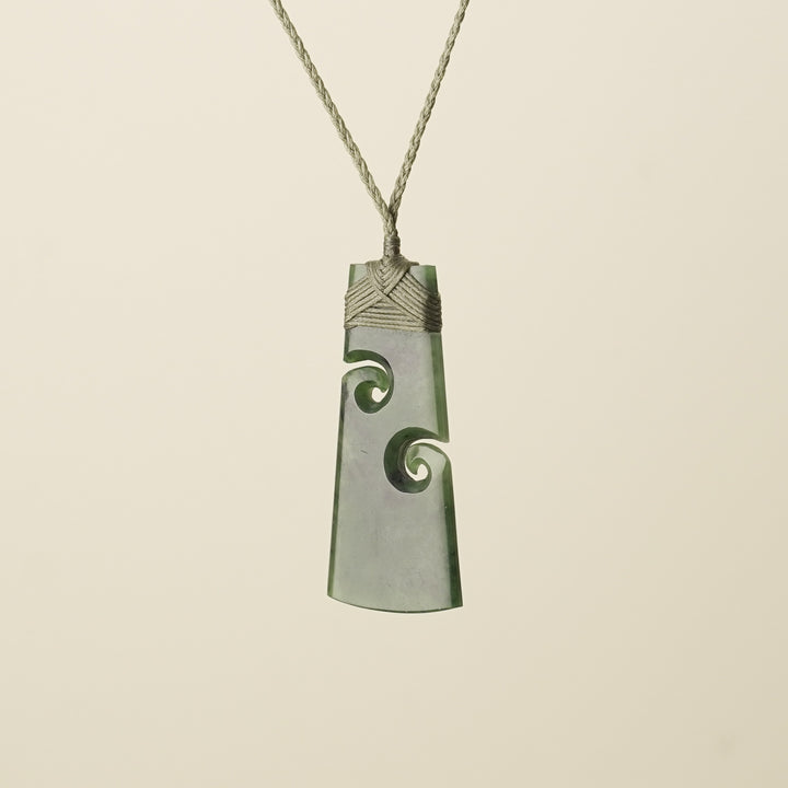 Large Pounamu Toki with Koru, Khaki Binding
