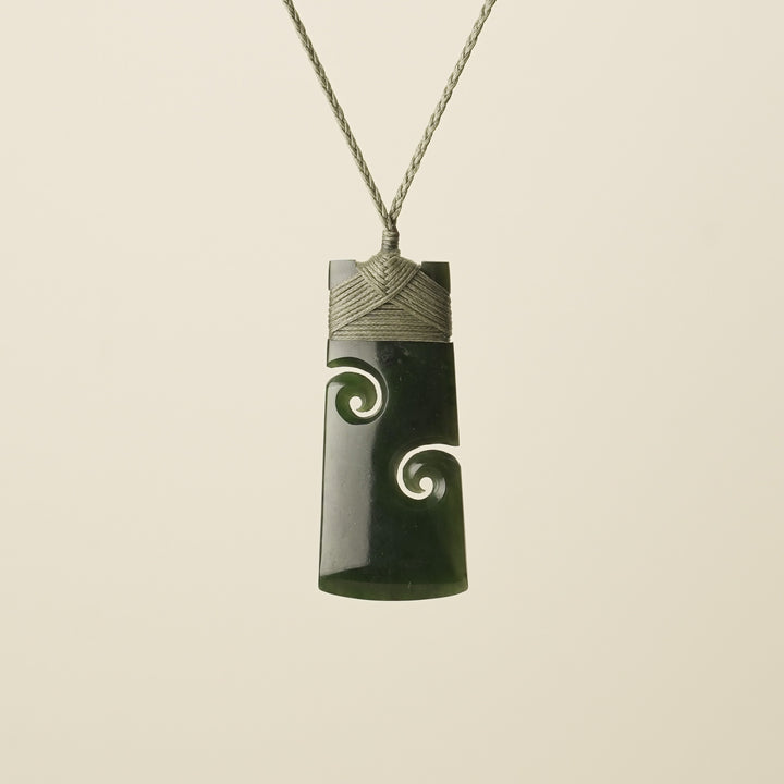 Large Pounamu Toki with Koru, Khaki Binding